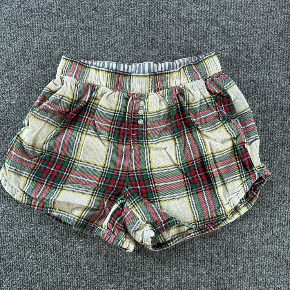 Aerie Womens XS Plaid Pajama Shorts Boxers Holiday Sleepwear Button Fly Festive